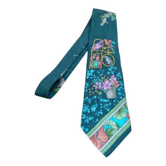 LEONARD Green Birds & Flowers Print Silk Tie Italy 57"-3.7" EC - Picture 6 of 6